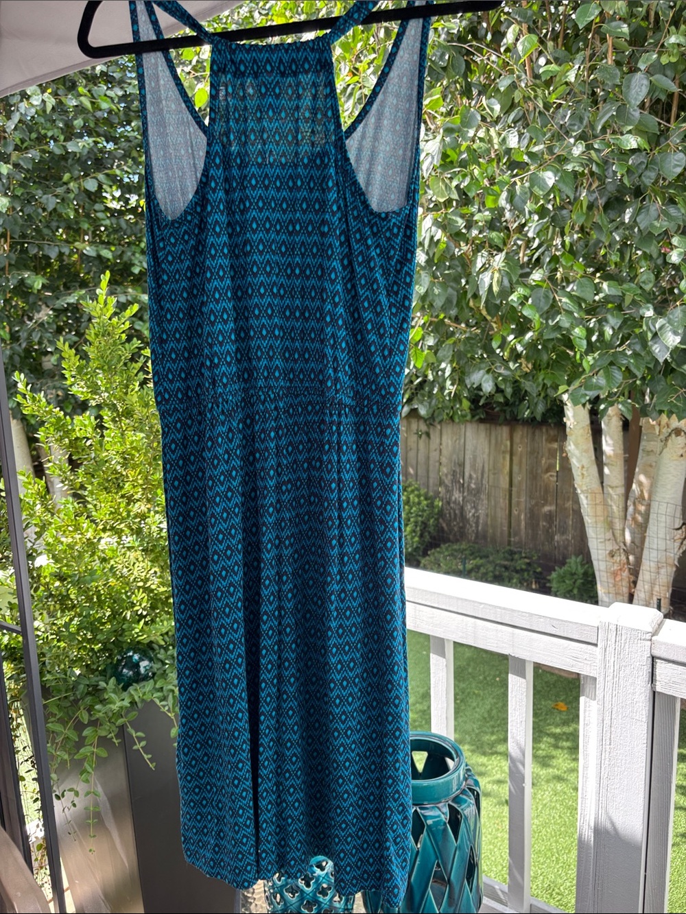Old Navy Racerback Tank/Spaghetti Strap  Geometric Teal Blue/Black Dress Medium - Picture 2 of 3